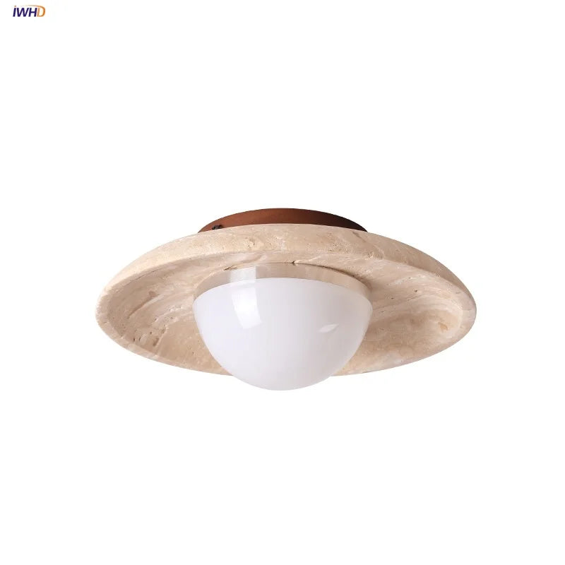 Acrylic LED Ceiling Lamp Yellow Travertine Wood Canopy Wabi Sabi Style