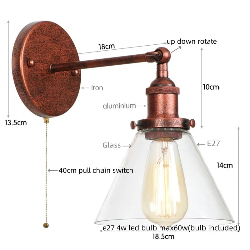 Loft LED Wall Lamp Vintage Pull Chain Switch Iron Bathroom Light