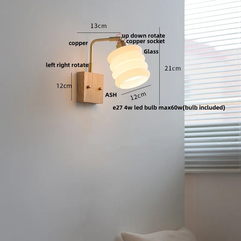 Walnut Wood LED Wall Sconce Rotatable Glass Bedside Lamp Nordic Modern
