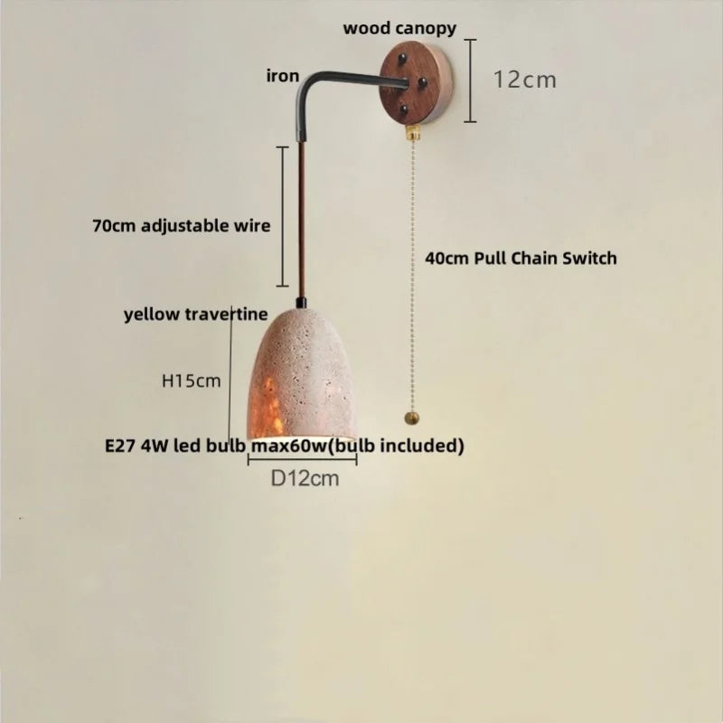 Afralia™ Yellow Travertine LED Wall Sconce Pull Chain Switch, Nordic Modern Wood Mirror Light
