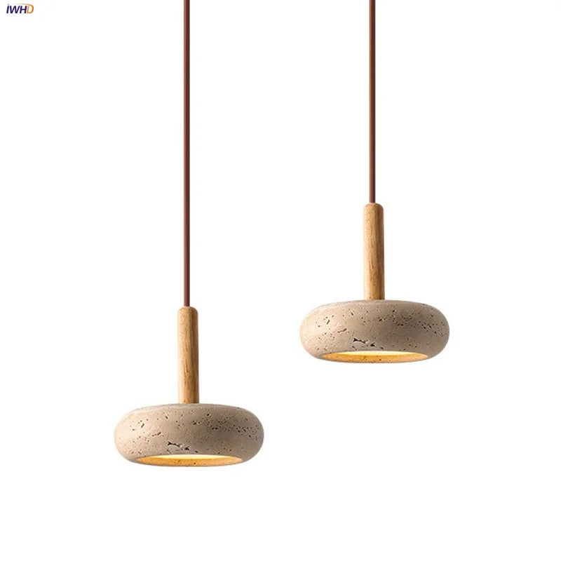 Wood Nordic LED Hanging Pendant Light Yellow Travertine Modern Balcony Bedroom Restaurant