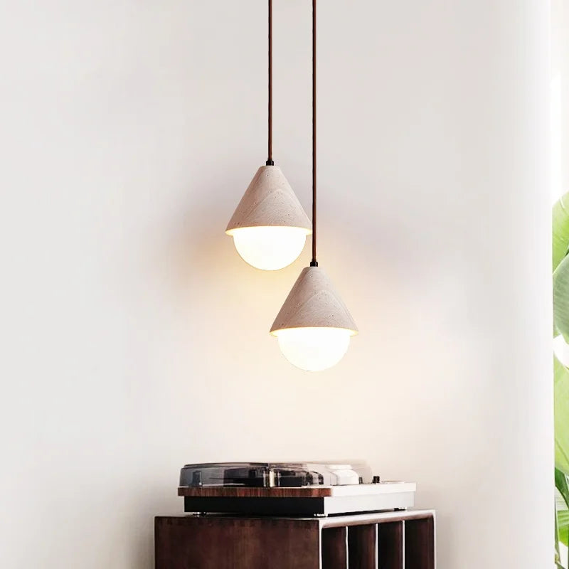 White Glass LED Pendant Light Fixture - Nordic Modern Yellow Travertine Hanging Lamp