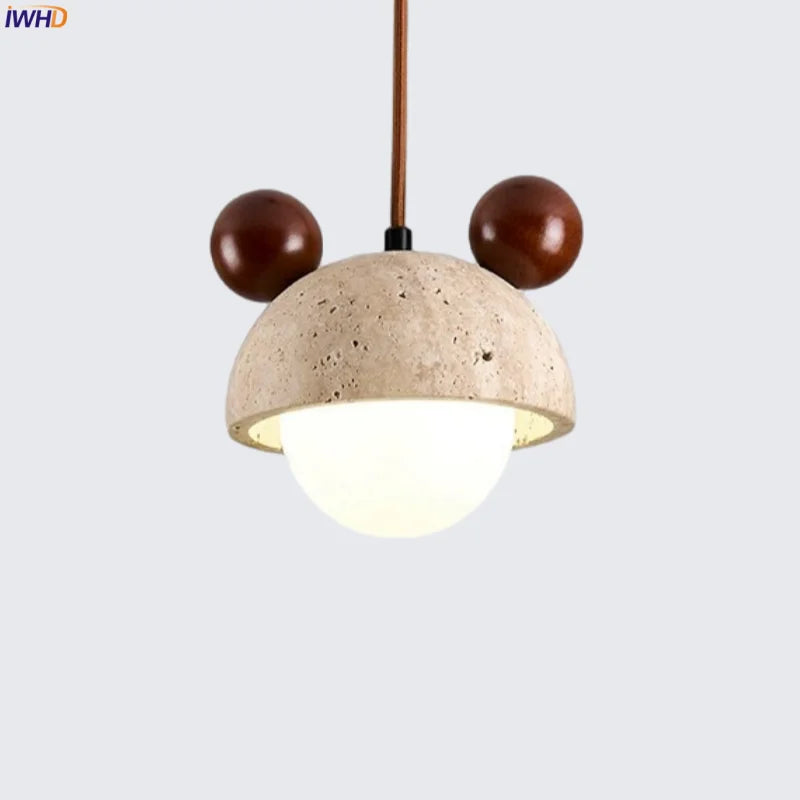 Cream Glass LED Pendant Lights Modern Wood Yellow Travertine Pendant Lamp