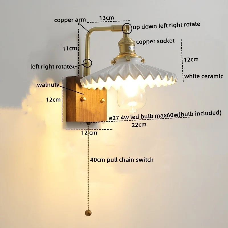 Walnut Ceramic LED Wall Lamp Pull Chain Switch - Modern Bathroom Mirror Light