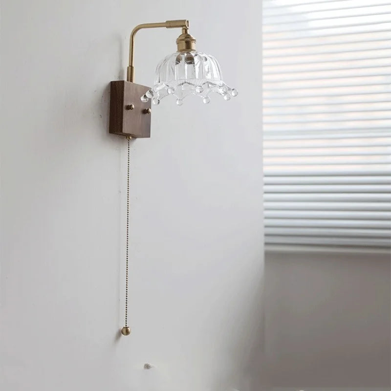 Nordic LED Wall Light with Pull Chain Switch, Copper Walnut Wood and Clear Glass