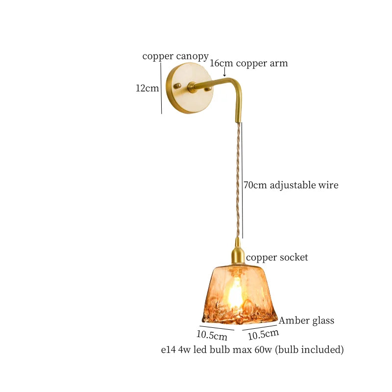 Amber Glass LED Wall Lamp for Bedroom Minimalistic Copper Lighting