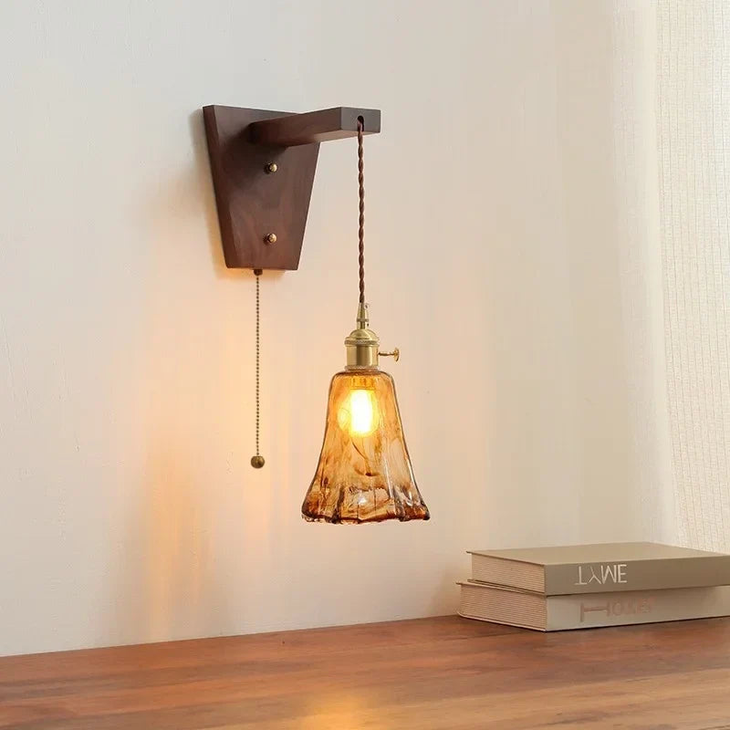 Walnut Copper LED Wall Lamp Sconce with Pull Chain Switch, Nordic Stair Light Fixtures