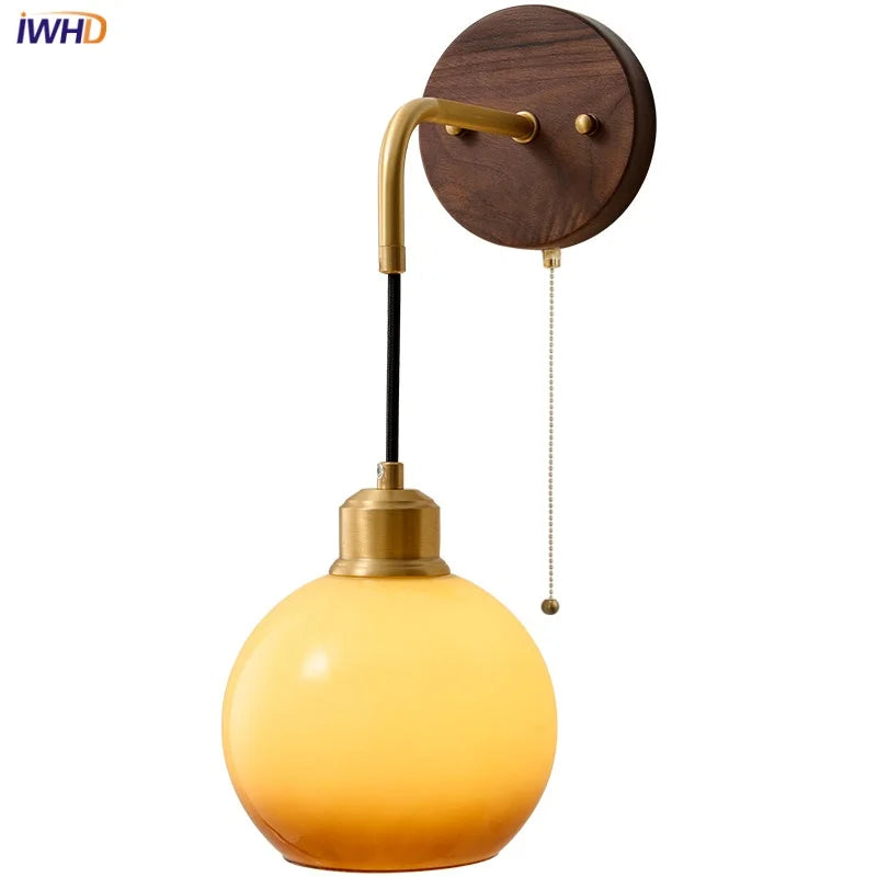 Wood LED Wall Lamp with Pull Chain Switch for Living Room, Dining Room, Bathroom
