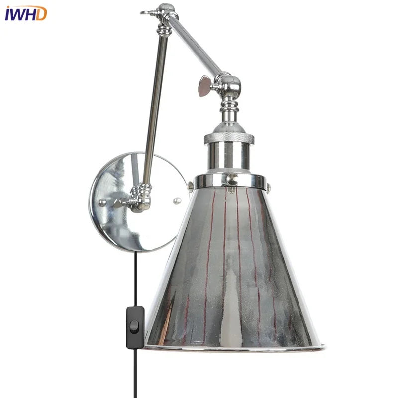 Silver Iron LED Swing Arm Wall Lights, Industrial Style, Plug-In, Stair & Bedside Lamp