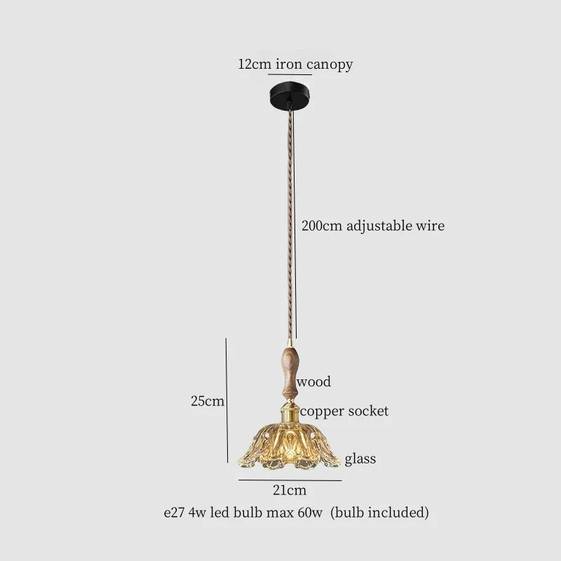 Copper Wood Glass LED Pendant Lamp - French Minimalist Design for Home Decor