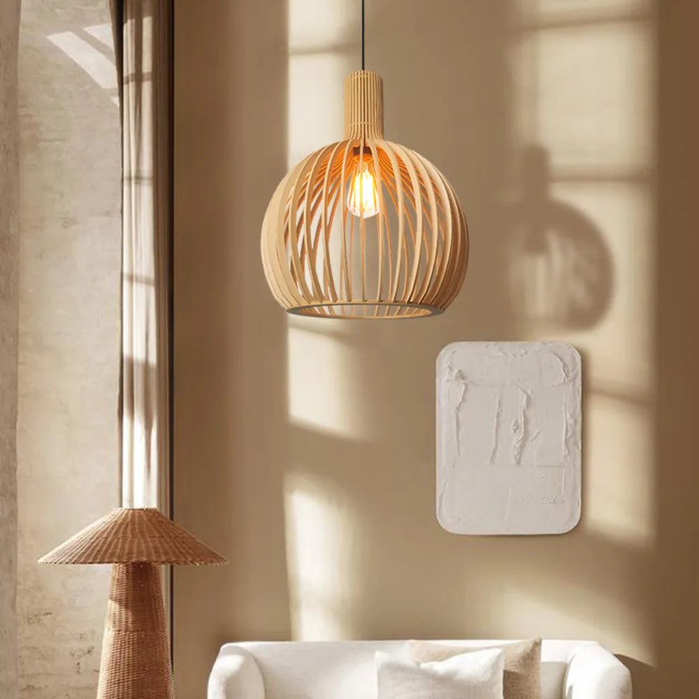 Wooden Bird Cage Pendant Lamp - Nordic Ceiling Hanging Light for Dining Room