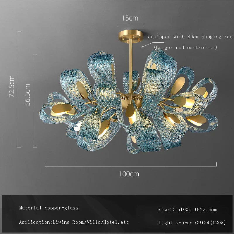 Blue Glass Flower Ceiling Chandelier Copper Hanging Lamps