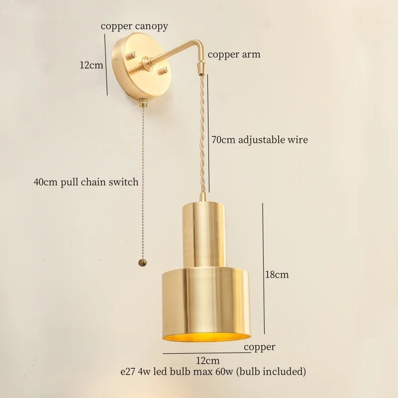 Nordic Copper LED Wall Lamp Pull Chain Switch Wandlamp
