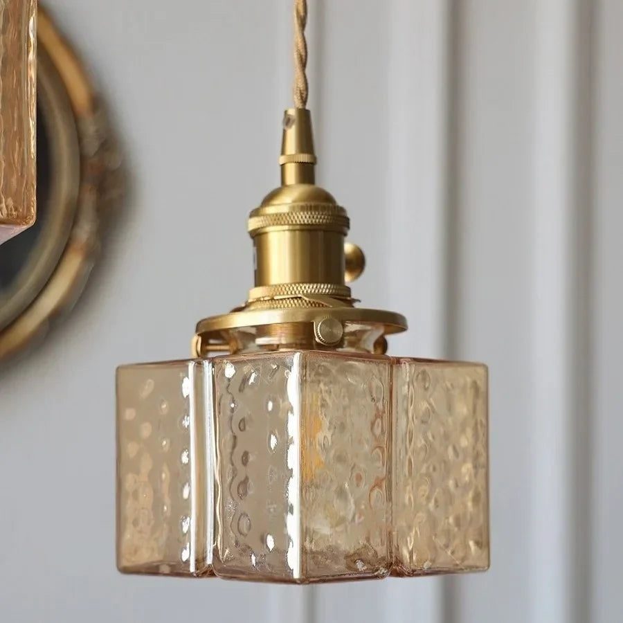 Afralia™ Amber Glass Cube LED Pendant Lights, Japanese Style for Kitchen, Bedroom, Coffee.