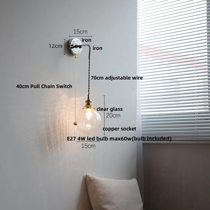 White Glass LED Wall Lights with Pull Chain Switch - Nordic Modern Bedside Lamp