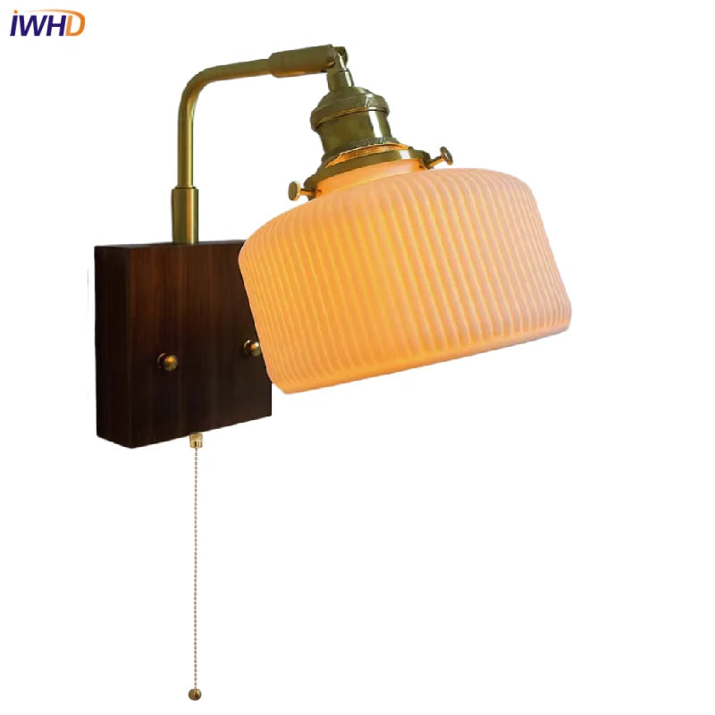 Ceramic LED Wall Sconce with Walnut Wood Pull Chain Switch - Nordic Style