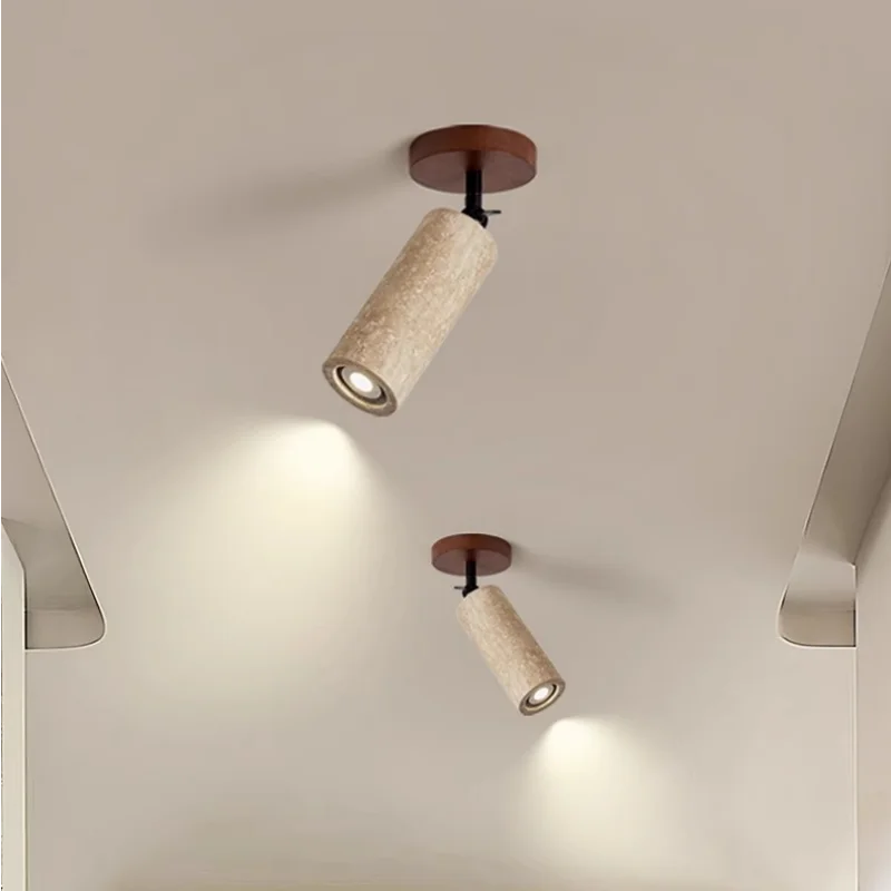 Yellow Travertine LED Ceiling Light with Wood Base Flush Mount Fixture