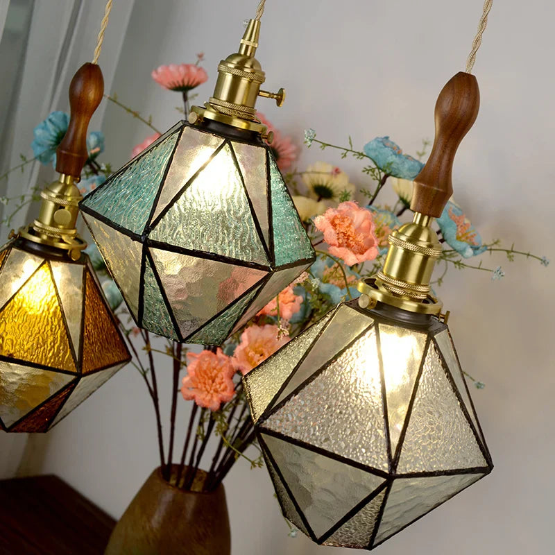 Brass Vintage LED Pendant Light Fixture Walnut Wood Glass Dining Room Lights
