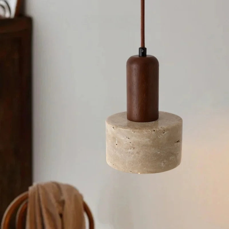 Wood Stone LED Pendant Light Yellow Travertine Modern Luminaria
