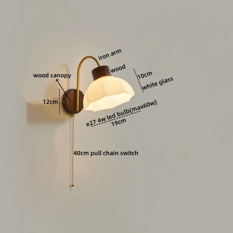 LED Wall Sconce Pull Chain Switch Modern Stair Lights Glass Wood