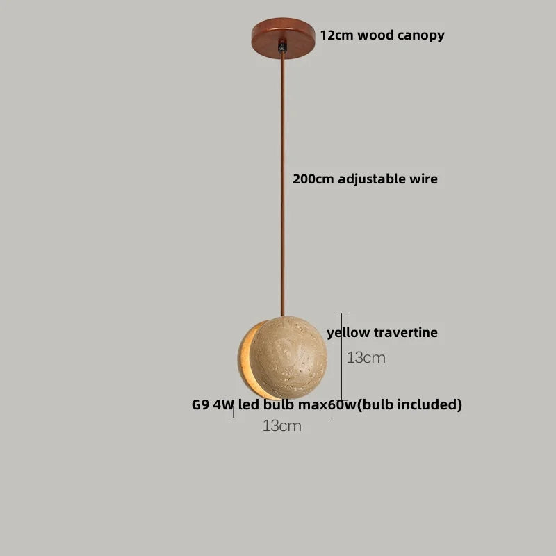 Yellow Travertine LED Pendant Light - Modern Nordic Wood Hang Lamp