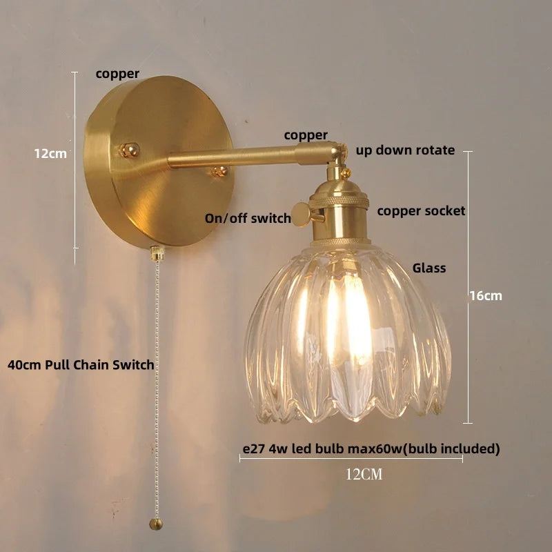 Afralia™ Amber Glass Vintage Style LED Wall Light with Pull Chain Switch