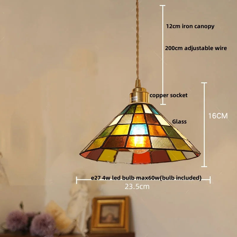 Colorful Glass Magic Cube LED Pendant Lights Tiffany Style Wood Hang Lamp