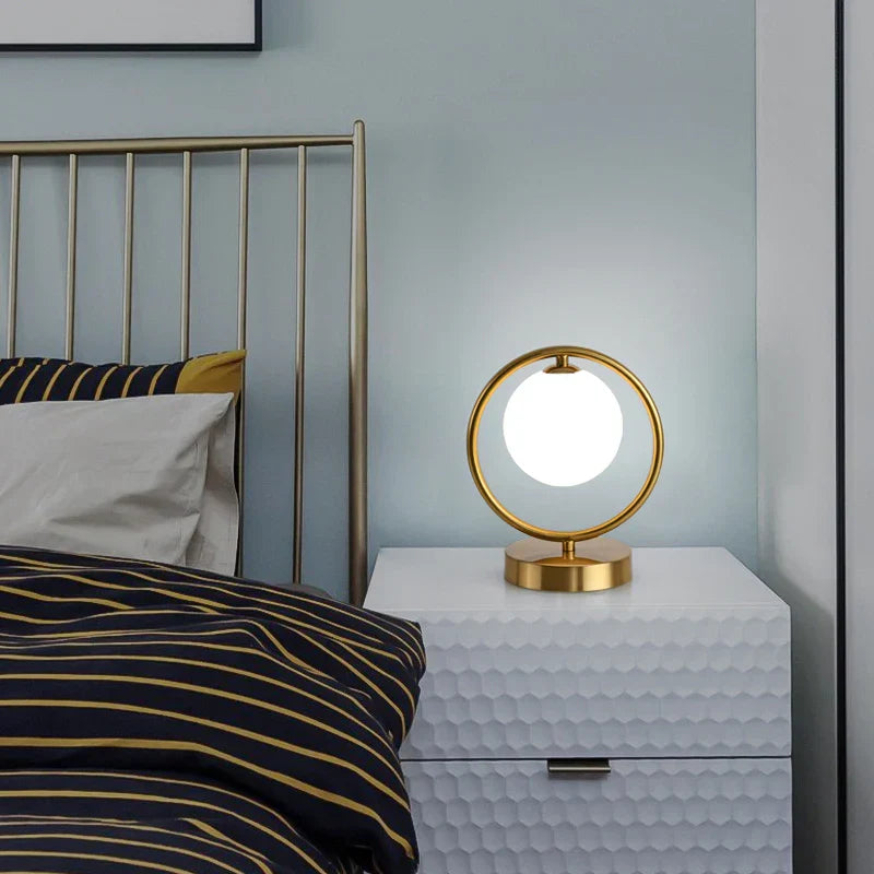 LED Brass Glass Table Lamp for Bedside Reading Desk - Modern Round Ring Design