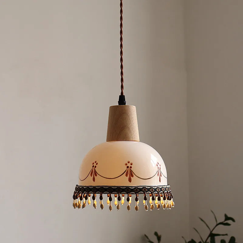 Afralia™ White Ceramic Tassel LED Pendant Lamp - Modern Nordic Wood Hand-drawn Fixture for Bedroom and Cafe