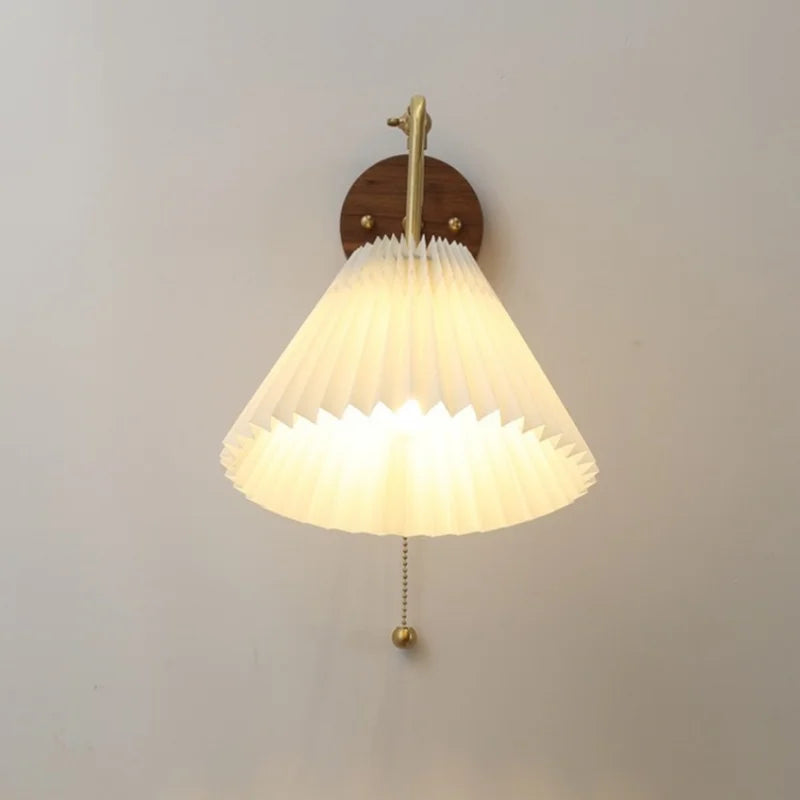 Rotating Copper LED Wall Light with Pull Chain Switch and Walnut Base