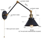 Gold Long Arm LED Wall Sconce with Pull Chain Switch, Adjustable Industrial Bedside Lamp