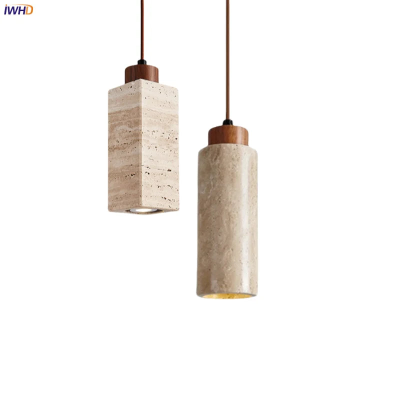 Japanese Stone LED Pendant Lamps Yellow Travertine Wabi Sabi Hanging Light