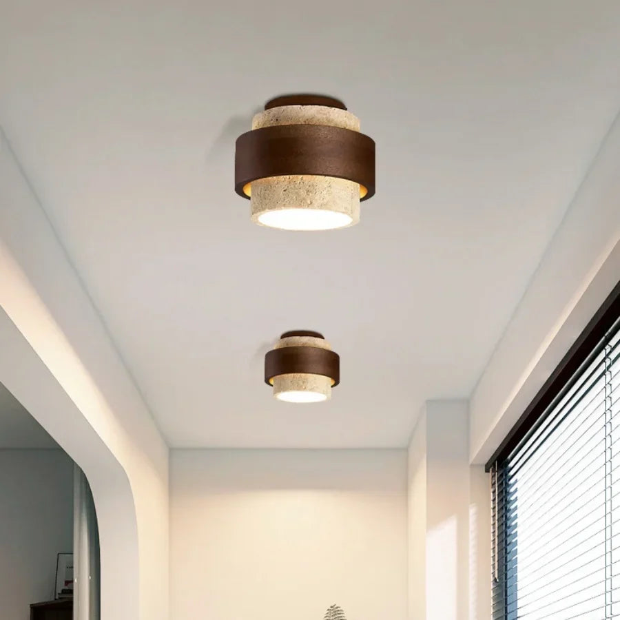 Yellow Travertine LED Ceiling Lamp with Wood Canopy Flush Mount