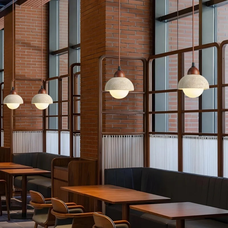 Vintage Stone LED Hanging Lamp Wood Yellow Travertine Pendant Lighting