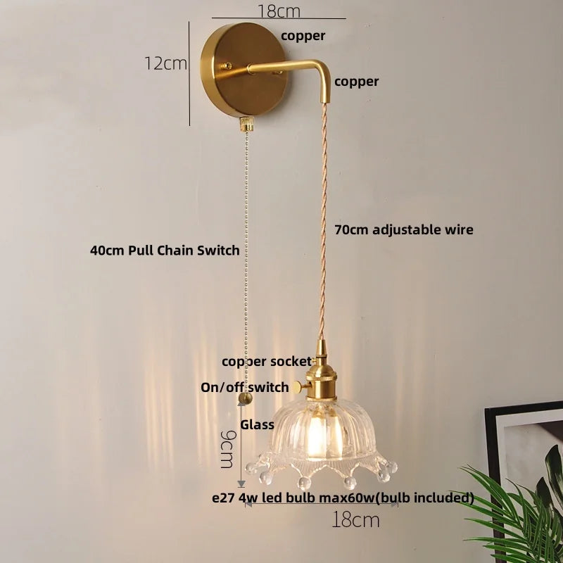 Clear Glass LED Wall Light with Pull Chain Switch for Modern Decor