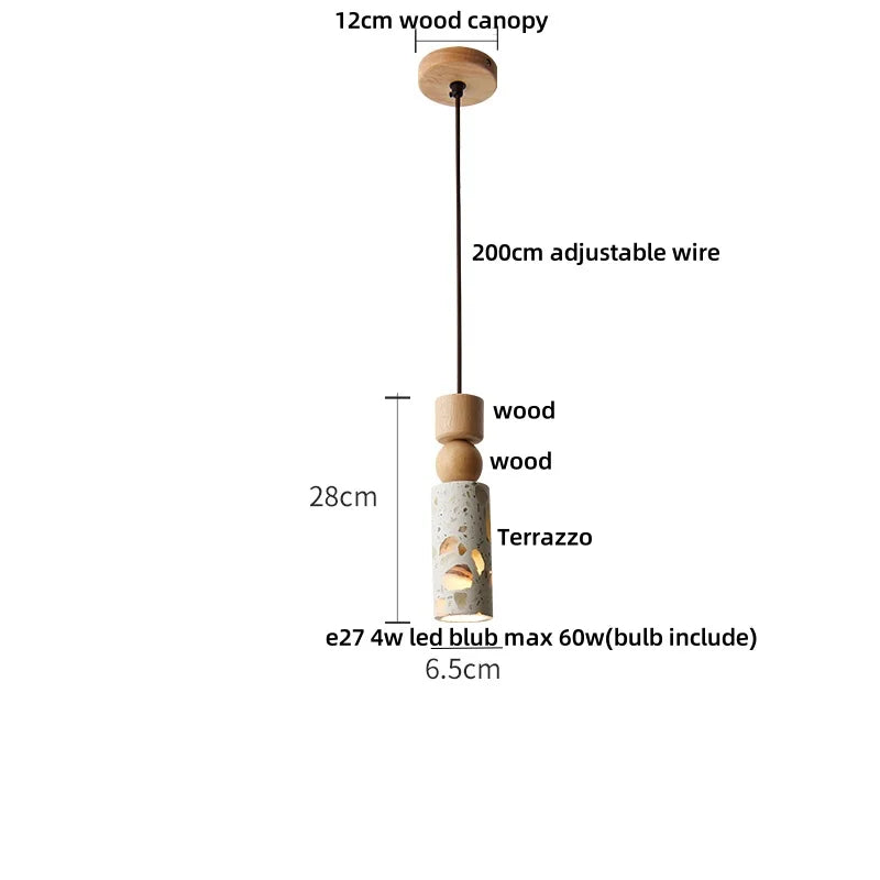 Afralia™ LED Terrazzo Pendant Lamp White Stone Wood Hanging Light