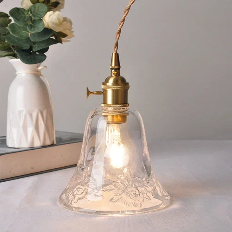 Flower Glass LED Pendant Lamp Brass Knob Switch Adjustable Wire Dining Room Lighting