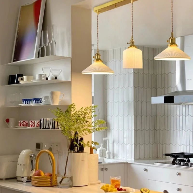 Afralia™ White Ceramic LED Hanging Lamp Nordic Minimalism Brass Pendant Lights