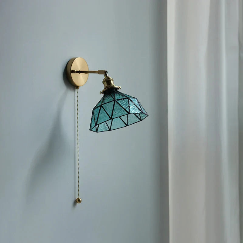 Tiffany Blue Glass LED Wall Sconce Rotate Copper Pull Chain Switch Light Fixtures