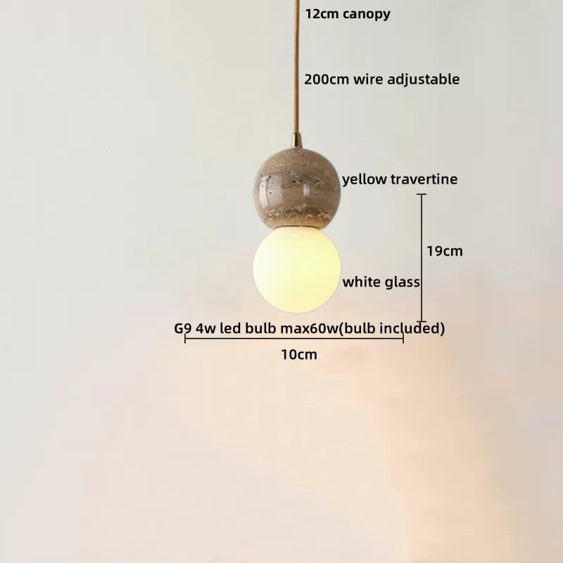 Yellow Travertine Wood Base LED Pendant Lights - Modern Adjustable Hanging Lamp