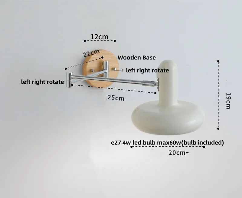 Rotating LED Wall Sconce with Pull Chain Switch, Wood Base Bedside Lamp