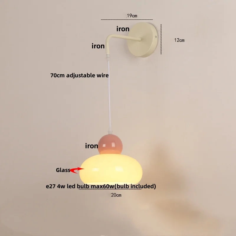 Iron Nordic LED Wall Light with Pull Chain Switch, Adjustable Glass Bedside Lamp