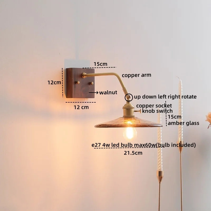 Walnut Copper LED Wall Lights Fixture with Pull Chain Switch - Modern Bedside Lamp