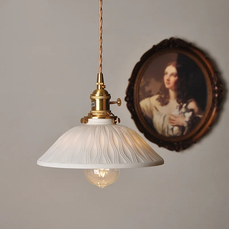 Copper Ceramic LED Pendant Lights Walnut Wood Hang Lamp