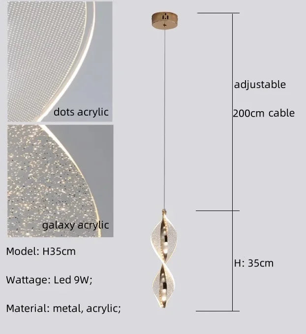 Spiral Gold LED Chandelier Acrylic Pendant Lights for Modern Bedside Stairs