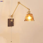 Walnut Wood LED Wall Light with Pull Chain Switch & Rotatable Amber Glass
