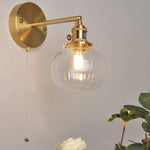 Nordic LED Glass Wall Light Fixture with Pull Chain Switch - Modern Rotating Bedside Lamp