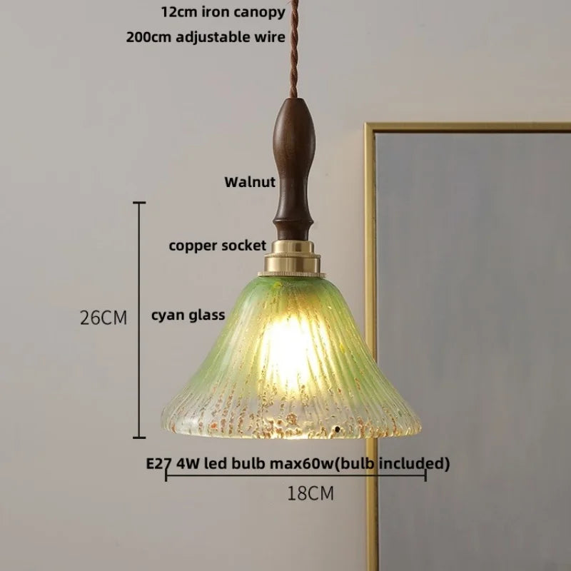 White Glass LED Pendant Light Fixture Walnut Wood Hang Lamp