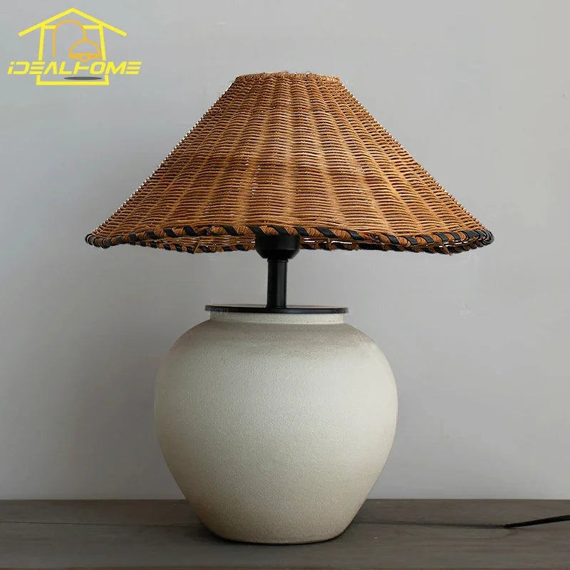 Wabi-sabi Ceramic Rattan Weave Table Lamp LED E27 for Living Room Bedroom Hotel