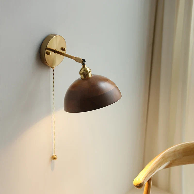 LED Walnut Wood Wall Sconce with Pull Chain Switch